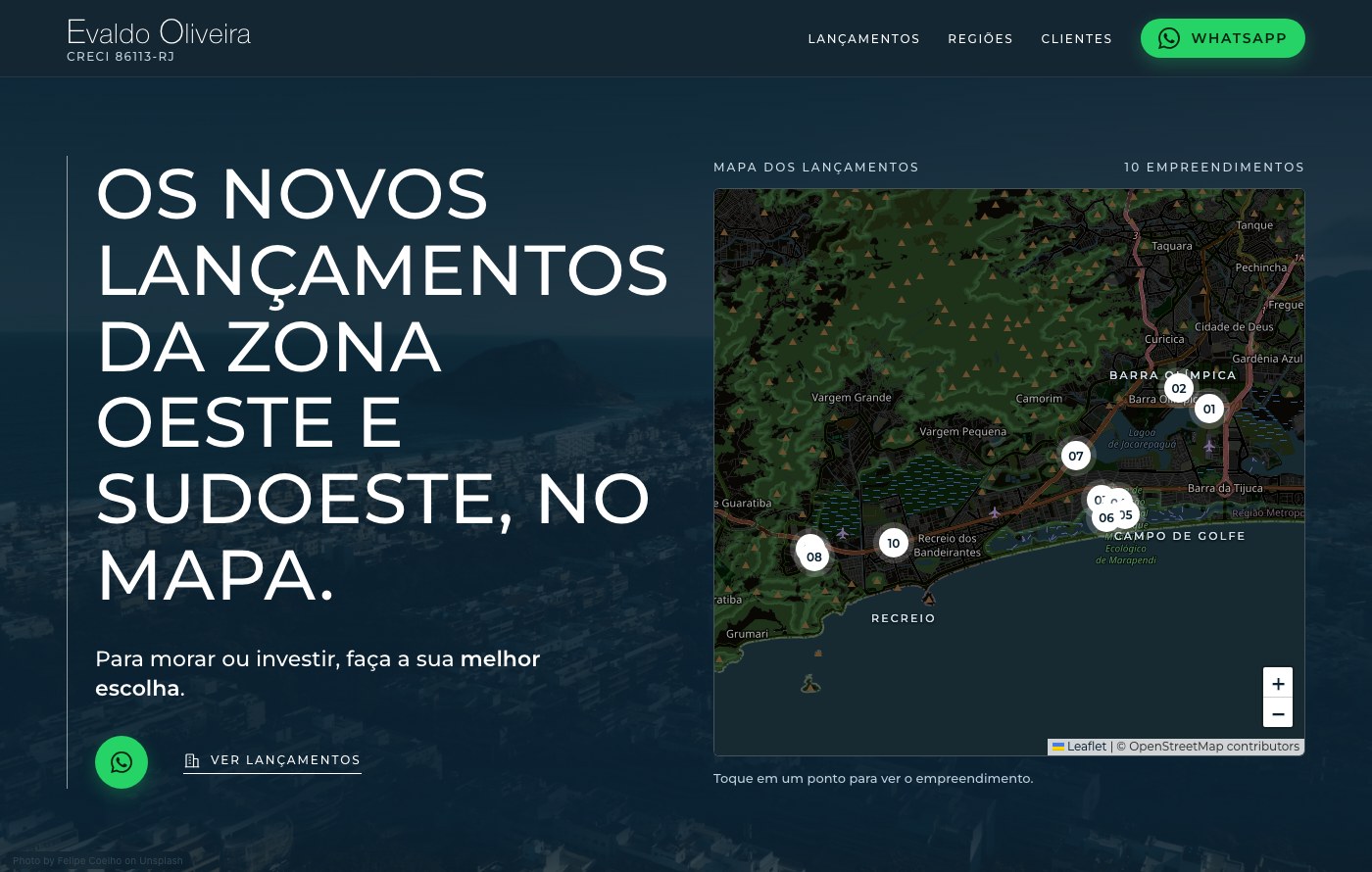 The home page: all launches on an interactive map, with a direct WhatsApp button.