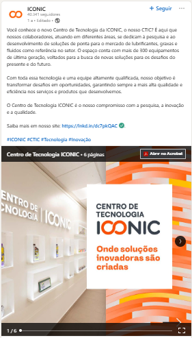 This carousel presents ICONIC’s new Technology Center (CTIC), a hub dedicated to research, innovation and the development of high-performance solutions for the lubricants market.